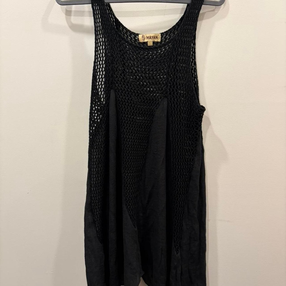 Wayan Black boho crochet tank top with sheer fabric overlay dress swim cover